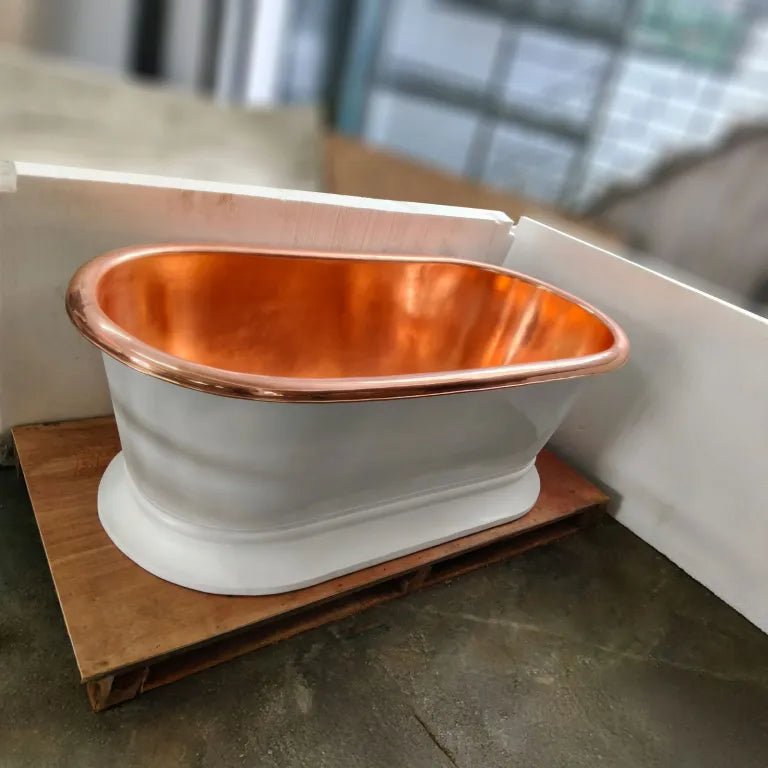 Coppersmith Creations Pedestal Copper White Powder Coated Exterior & Polished Copper Interior, white 66-inch copper bathtub.