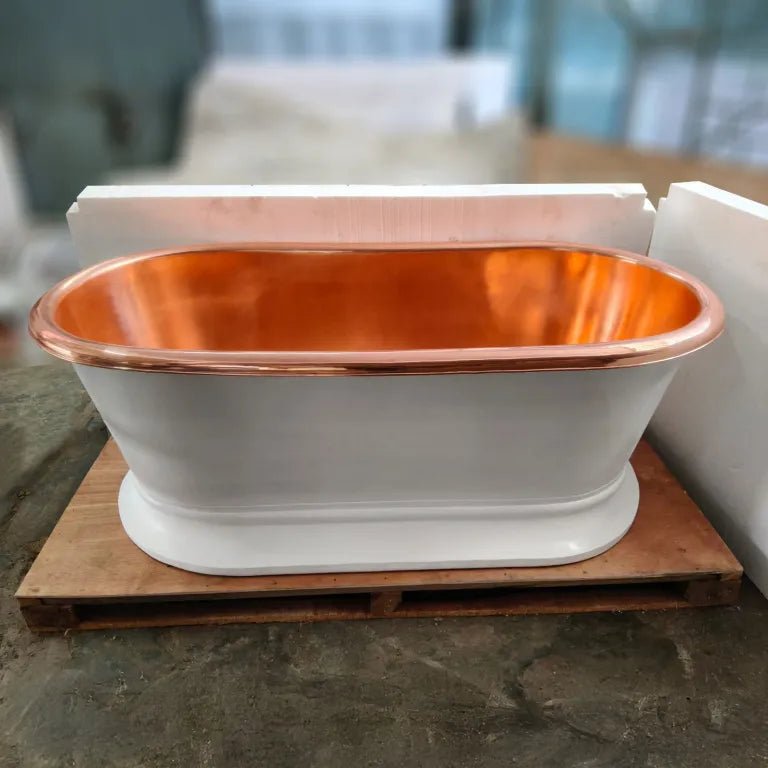 Coppersmith Creations Pedestal Copper White Powder Coated Exterior & Polished Copper Interior, white 66-inch copper bathtub.