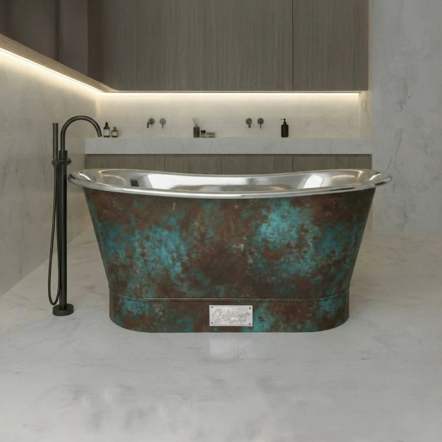 Coppersmith Straight Base Stainless Steel Bathtub Weathered Patina Exterior Finish