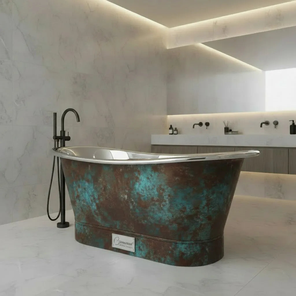 Coppersmith Straight Base Stainless Steel Bathtub Weathered Patina Exterior Finish
