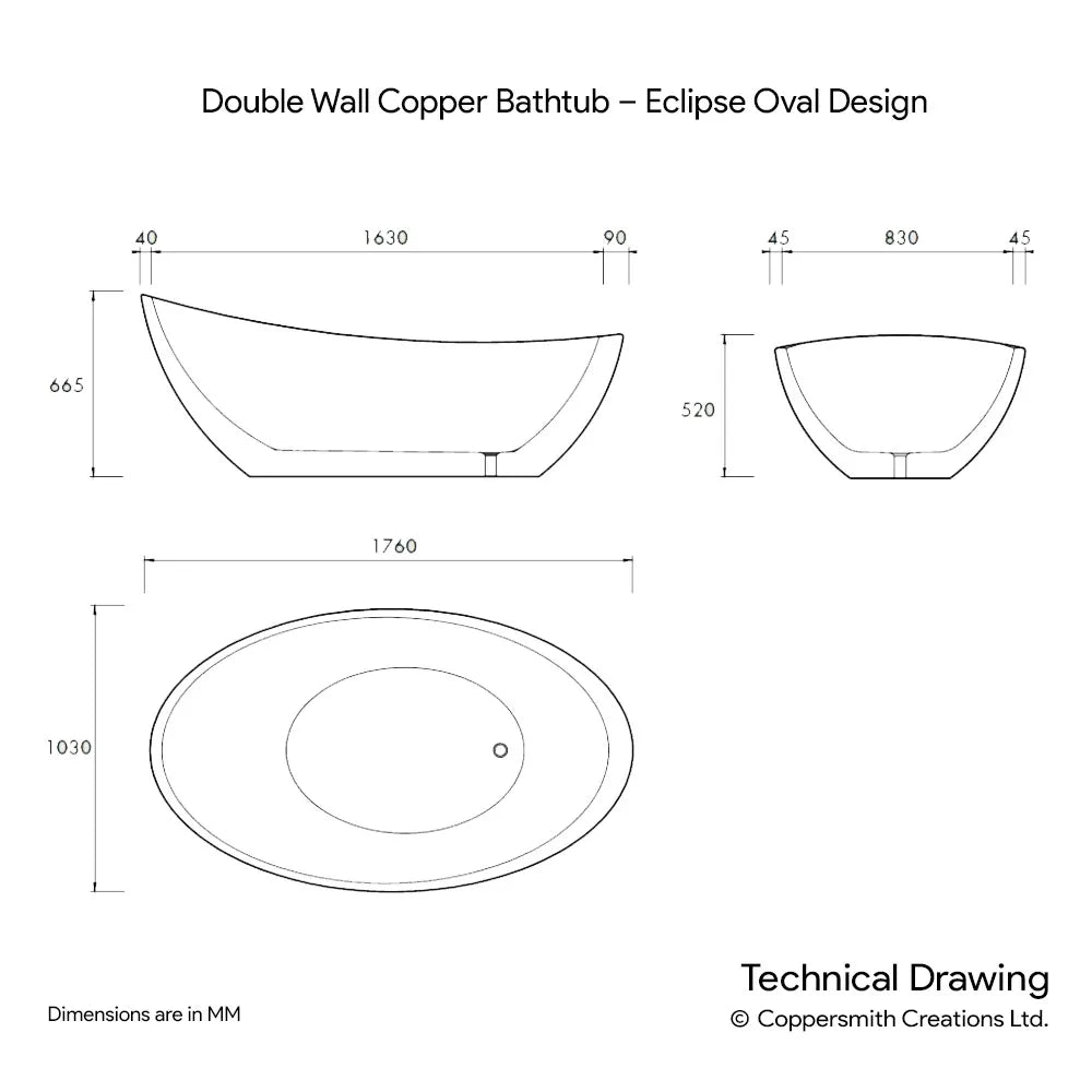 Coppersmith Creations Double Wall Copper Bathtub Charcoal Black Antique – Eclipse Oval Design - baths - Ice Cold Spice | Charcoal Black