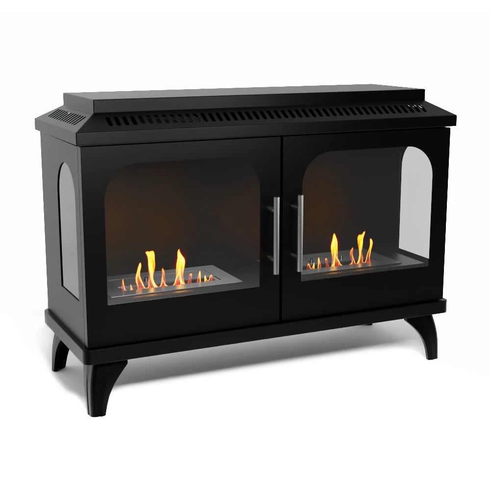 Black freestanding fireplace with flames on a white background