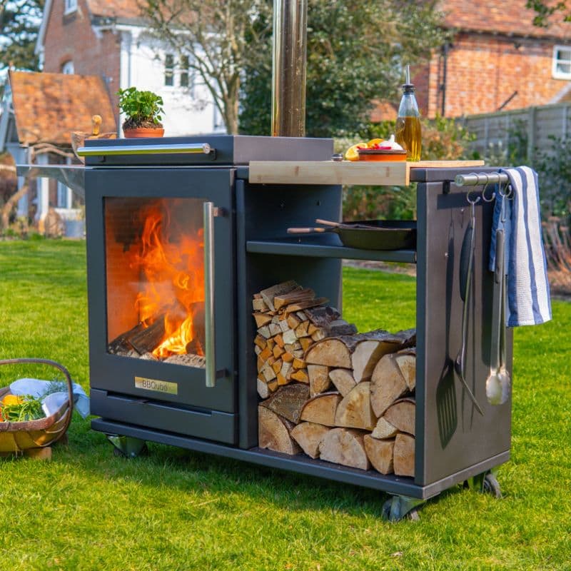 BBQUBE Wood Burning Heater and Grill with Log Store` in Black