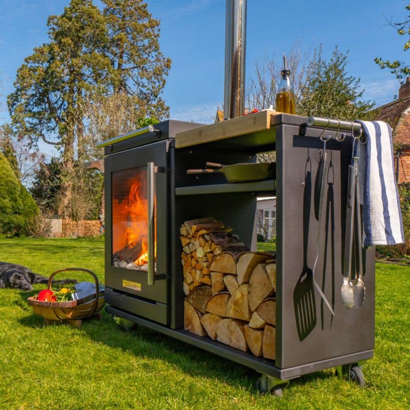 BBQUBE Wood Burning Heater and Grill with Log Store` in Black