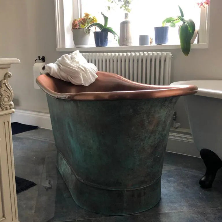 Coppersmith Creations Copper Freestanding Bathtub Antique Turquoise Patina Straight Base Beaded Base