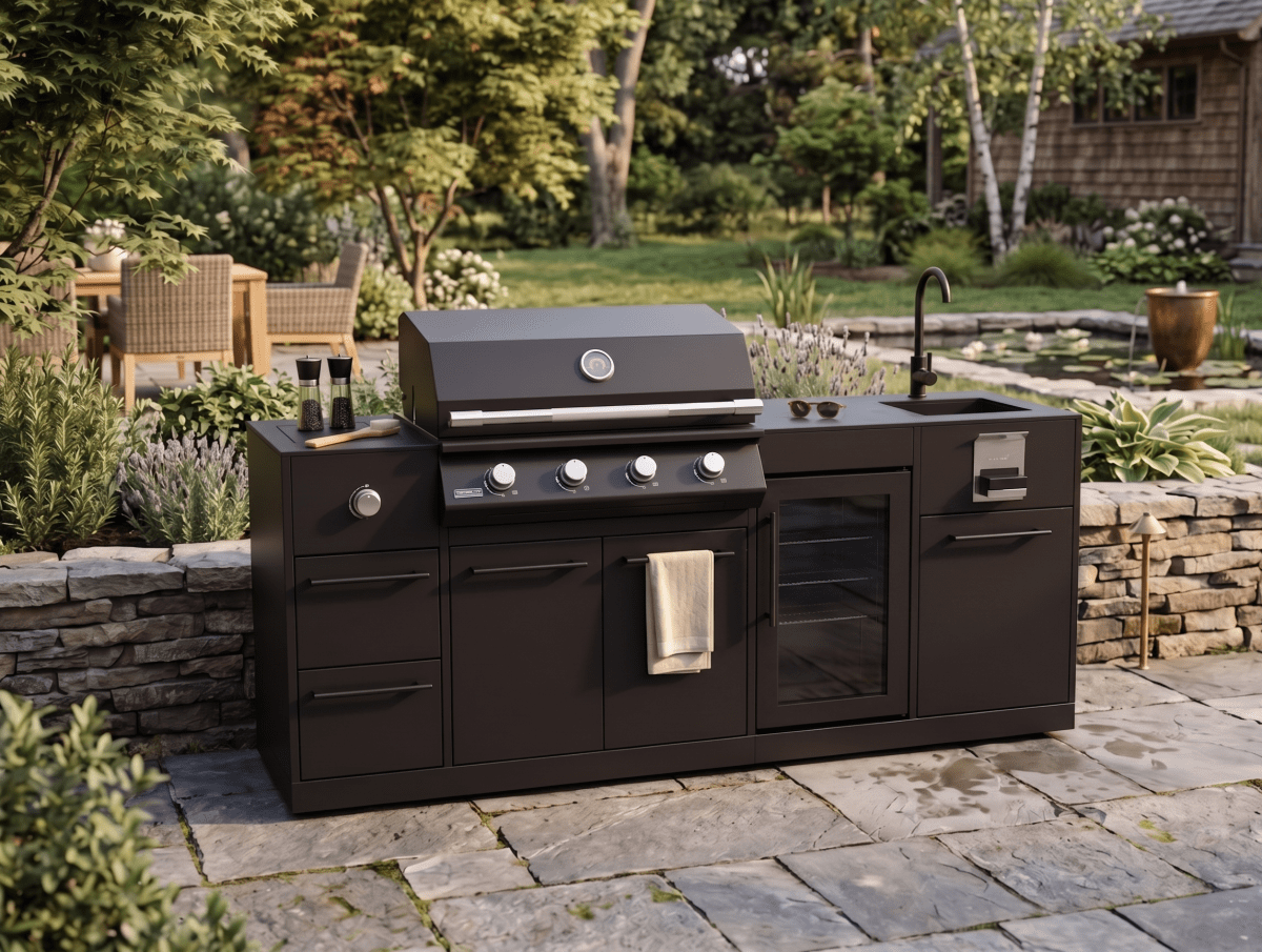 Brabura Lite Maxi 4 Outdoor Kitchen with 4 Burner Built-in BBQ, Sink, Fridge, and Side Burner in Black Stainless Steel