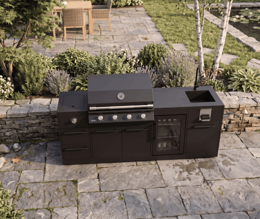 Brabura Lite Maxi 4 Outdoor Kitchen with 4 Burner Built-in BBQ, Sink, Fridge, and Side Burner in Black Stainless Steel