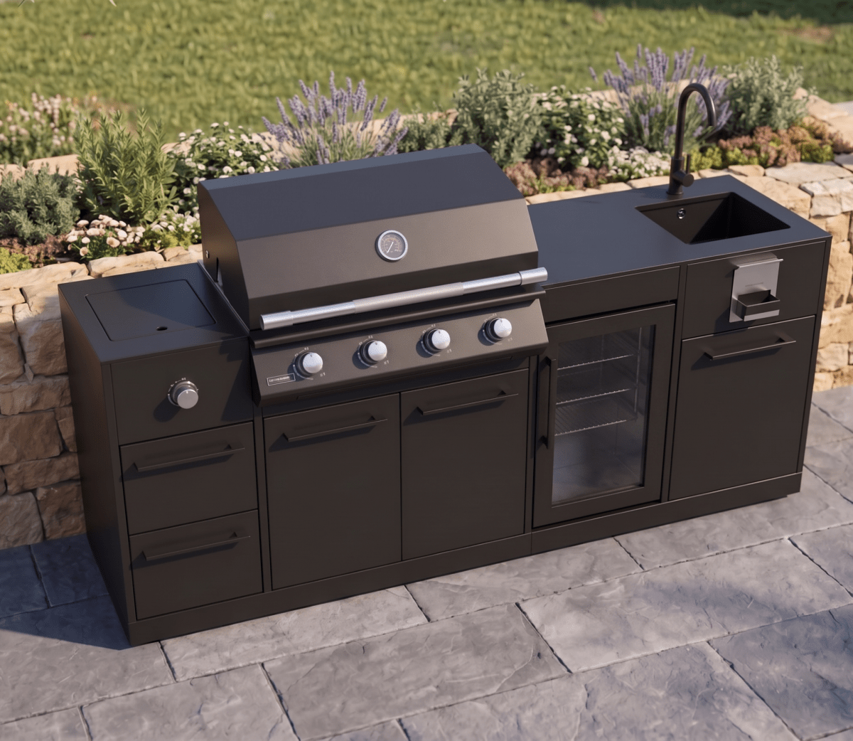 Brabura Lite Maxi 4 Outdoor Kitchen with 4 Burner Built-in BBQ, Sink, Fridge, and Side Burner in Black Stainless Steel