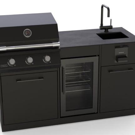 Brabura Lite Series 300 Outdoor Kitchen with 3 Burner BBQ, Fridge and Sink in Black Stainless Steel