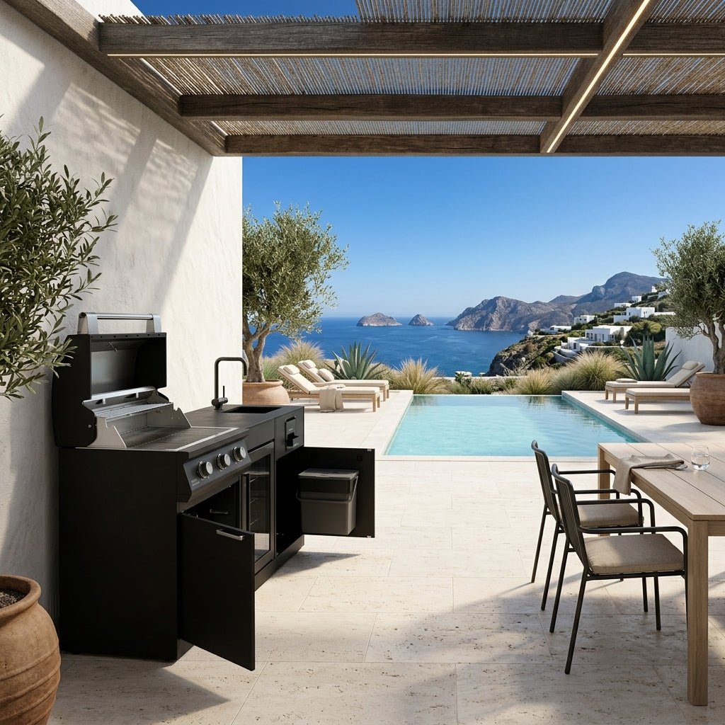 Brabura Lite Series 300 Outdoor Kitchen with 3 Burner BBQ, Fridge and Sink in Black Stainless Steel