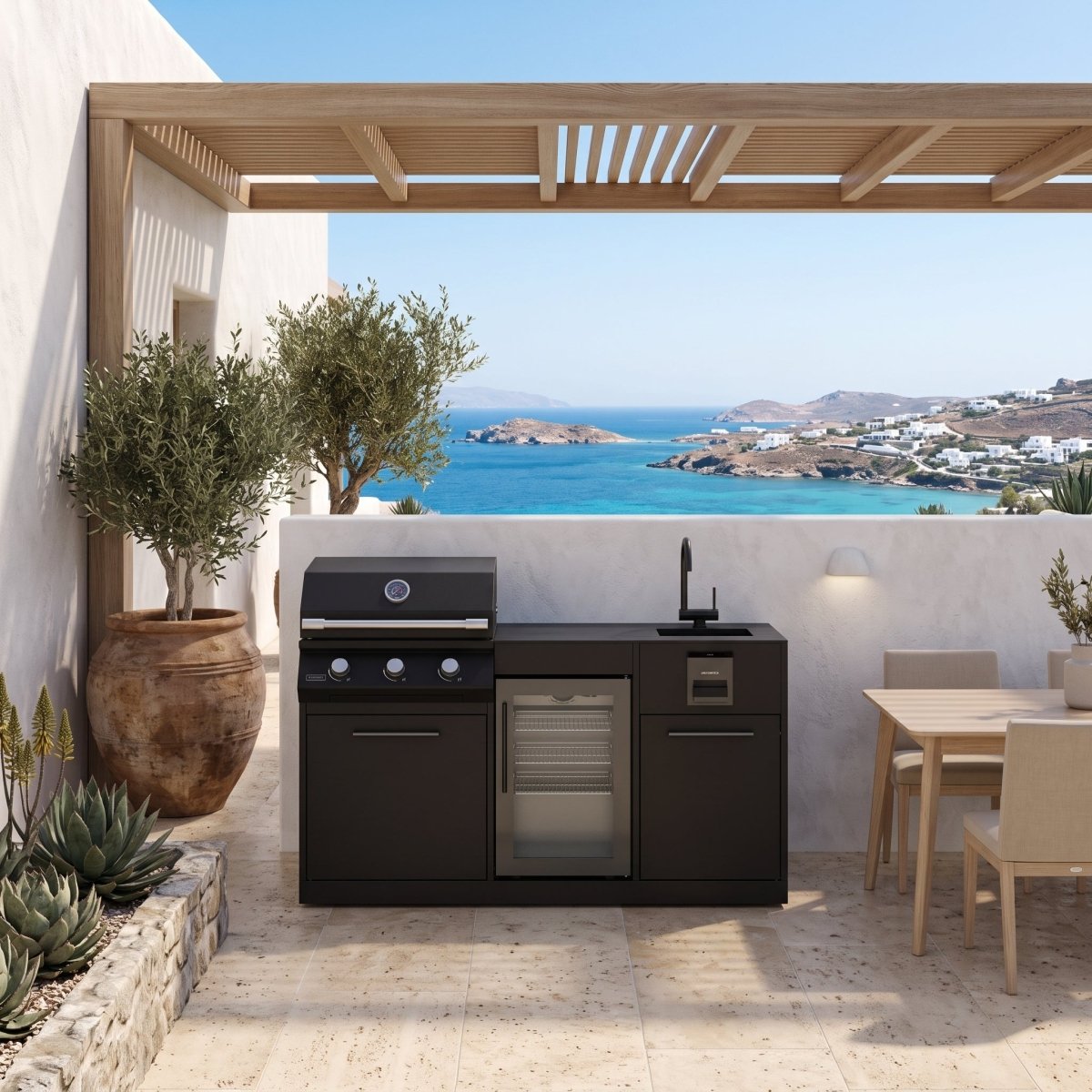 Brabura Lite Series 300 Outdoor Kitchen with 3 Burner BBQ, Fridge and Sink in Black Stainless Steel
