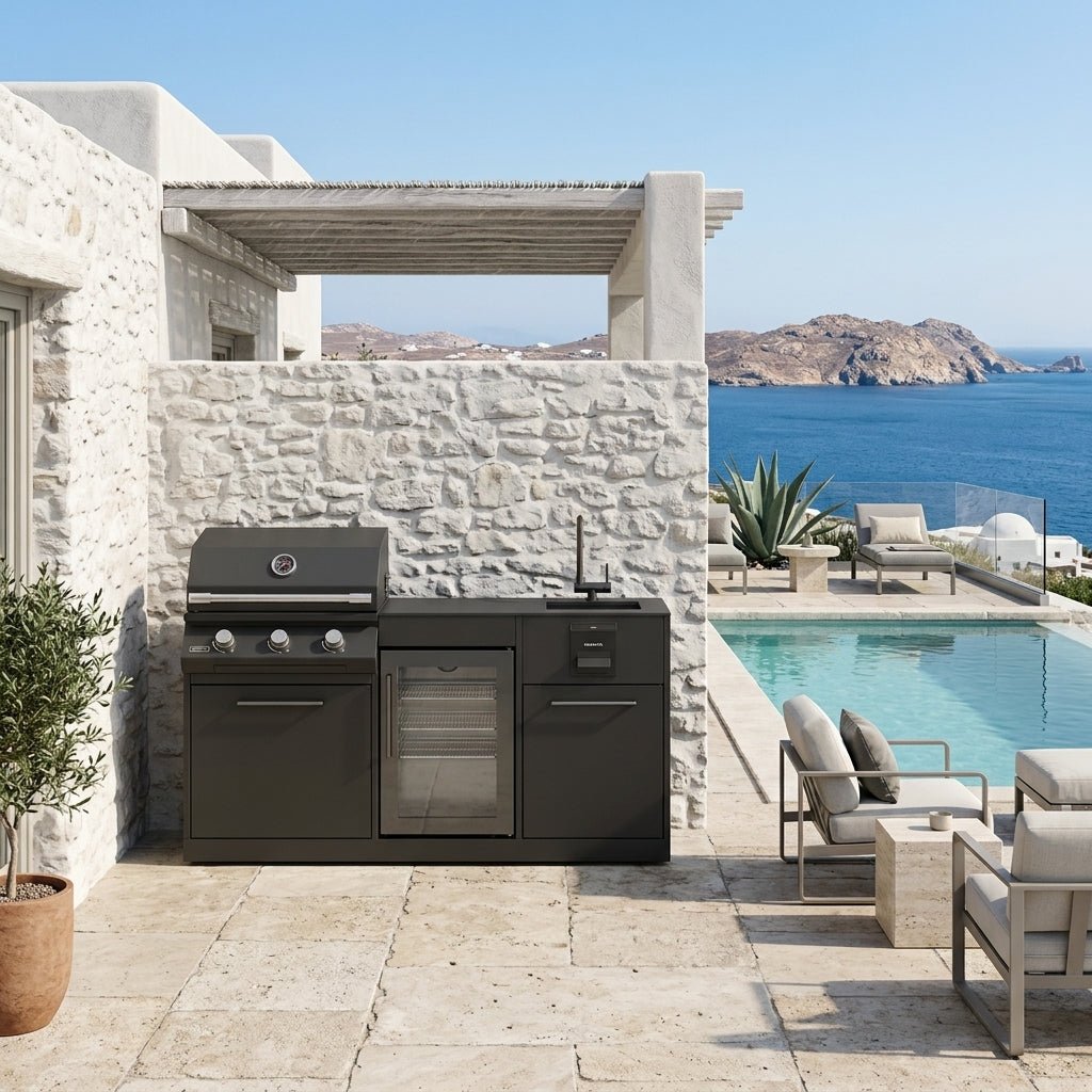 Brabura Lite Series 300 Outdoor Kitchen with 3 Burner BBQ, Fridge and Sink in Black Stainless Steel