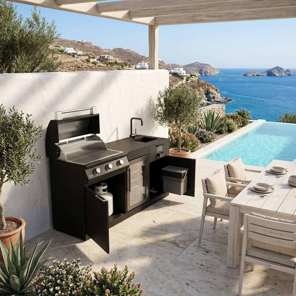 Brabura Lite Series 300 Outdoor Kitchen with 3 Burner BBQ, Fridge and Sink in Black Stainless Steel