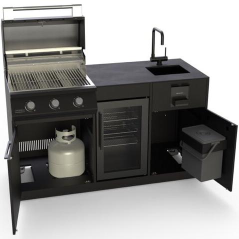 Brabura Lite Series 300 Outdoor Kitchen with 3 Burner BBQ, Fridge and Sink in Black Stainless Steel