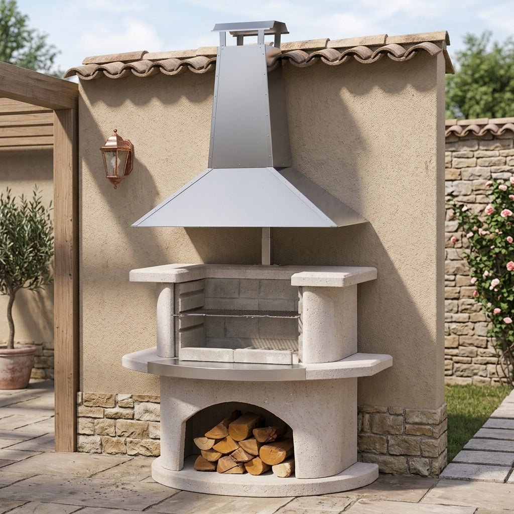 Buschbeck Venedig Masonry Barbecue with Stainless Steel Hood in White Granite with Steel Insert