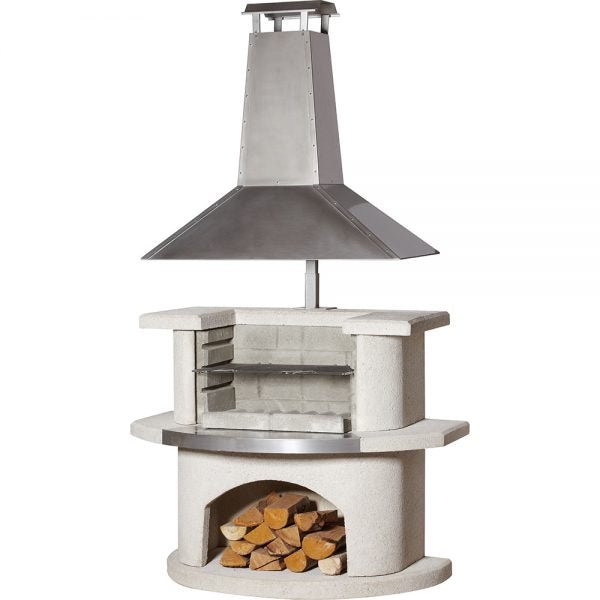 Buschbeck Venedig Masonry Barbecue with Stainless Steel Hood in White Granite with Steel Insert