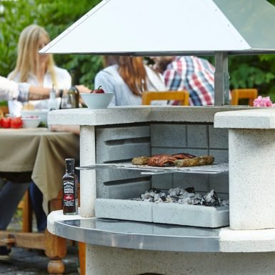 Buschbeck Venedig Masonry Barbecue with Stainless Steel Hood in White Granite with Steel Insert