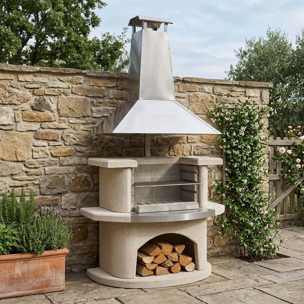 Buschbeck Venedig Masonry Barbecue with Stainless Steel Hood in White Granite with Steel Insert