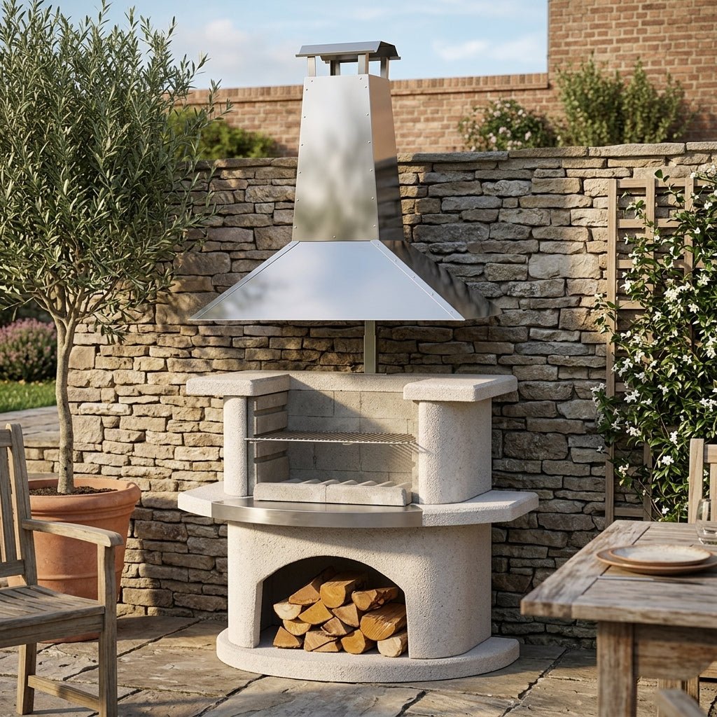 Buschbeck Venedig Masonry Barbecue with Stainless Steel Hood in White Granite with Steel Insert