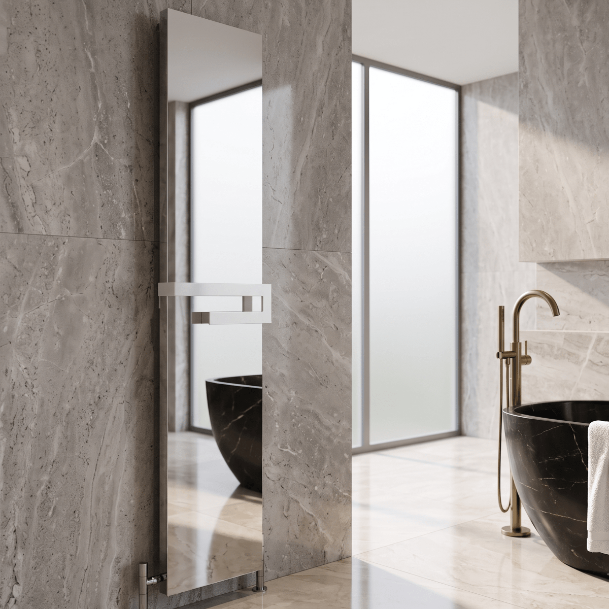 Carisa Elvino Aluminium Designer Bathroom Mirror Radiator in 1800H x 370W