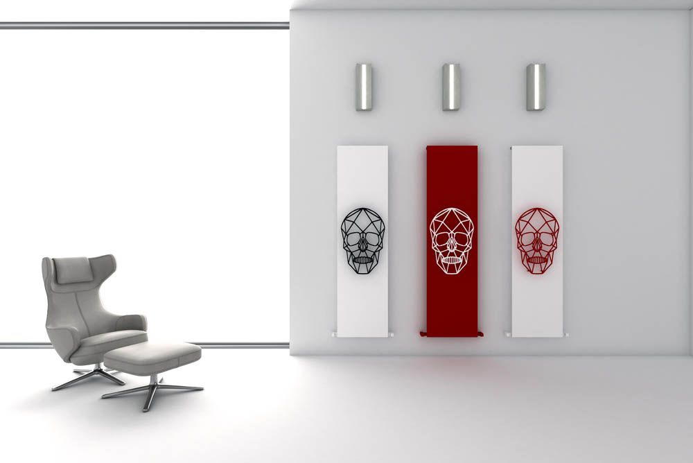 Carisa Skully Vertical Designer Modern Art Aluminium Radiator in 1800H x 470W Red Base White Skull