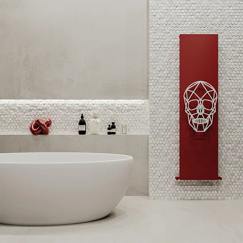 Carisa Skully Vertical Designer Modern Art Aluminium Radiator in 1800H x 470W Red Base White Skull