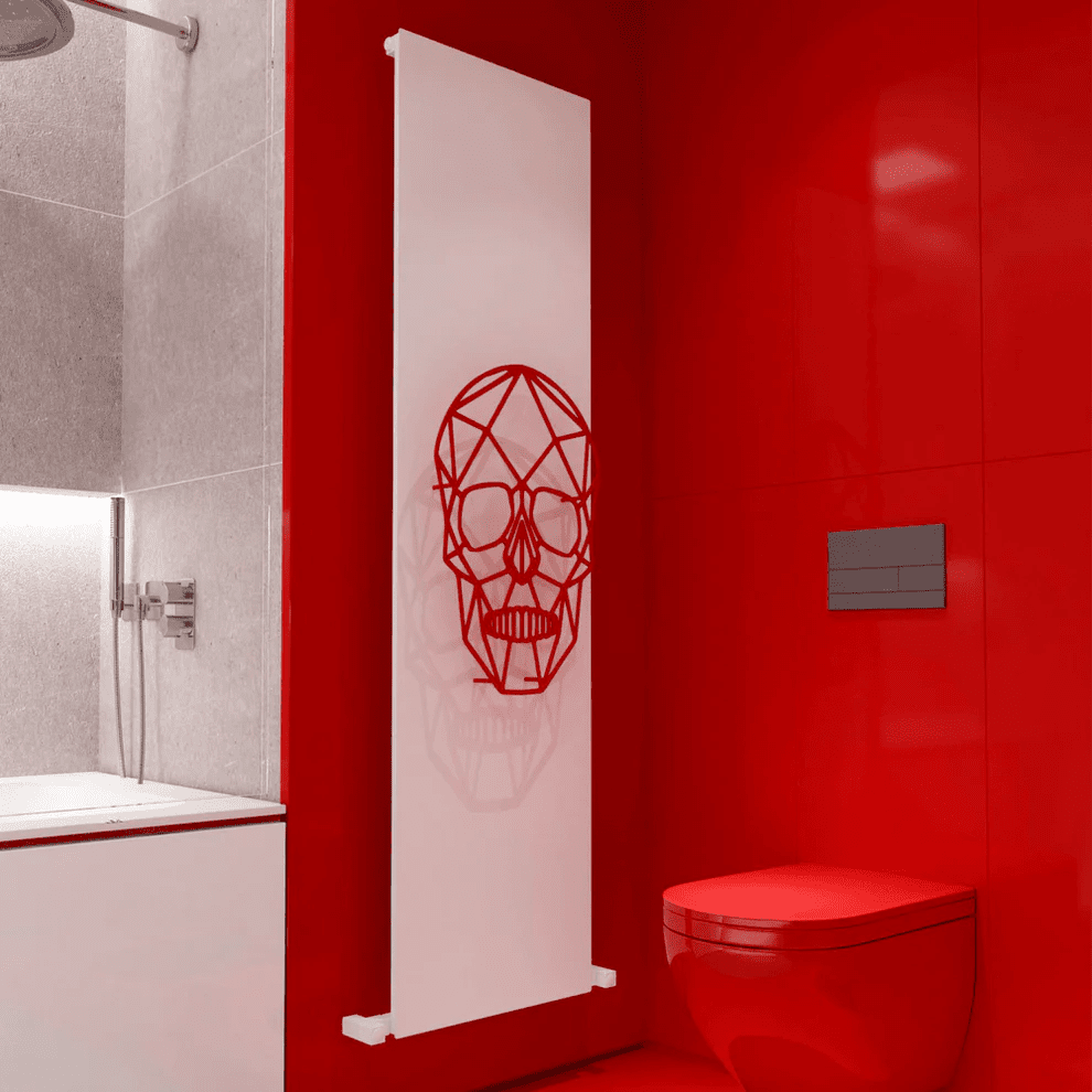Carisa Skully Vertical Designer Modern Art Aluminium Radiator in 1800H x 470W Red Base White Skull
