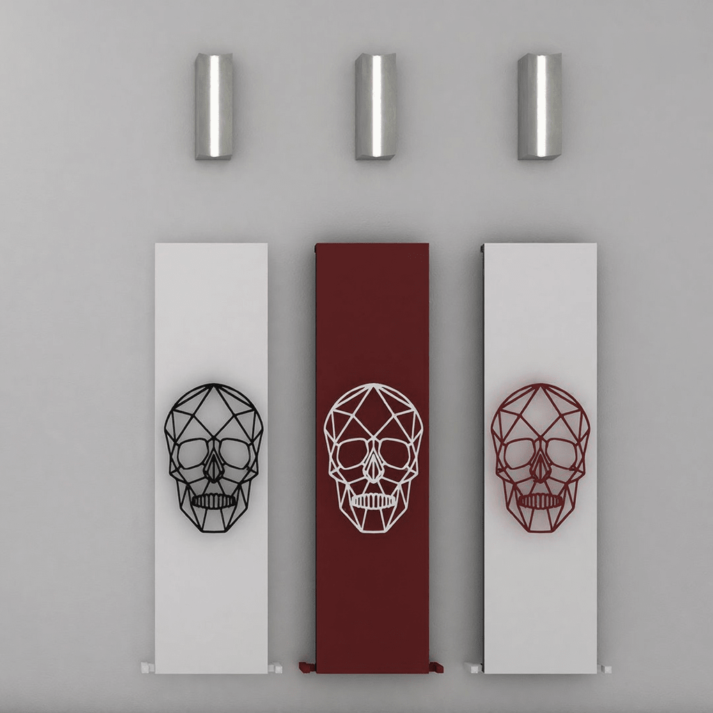 Carisa Skully Vertical Designer Modern Art Aluminium Radiator in 1800H x 470W White Base Red Skull