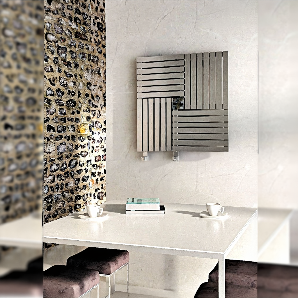 Modern bathroom with a decorative wall panel and a geometric-patterned radiator.