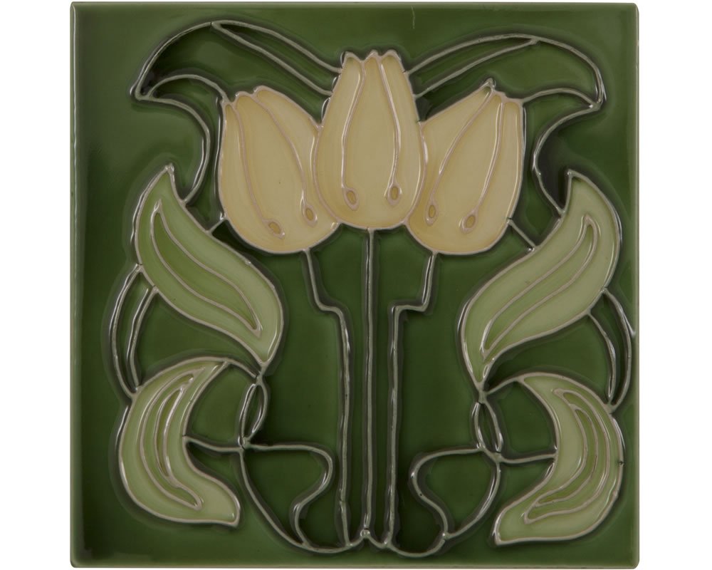Carron Set of 10 3 Yellow Flowers on Green Fireplace Tiles in
