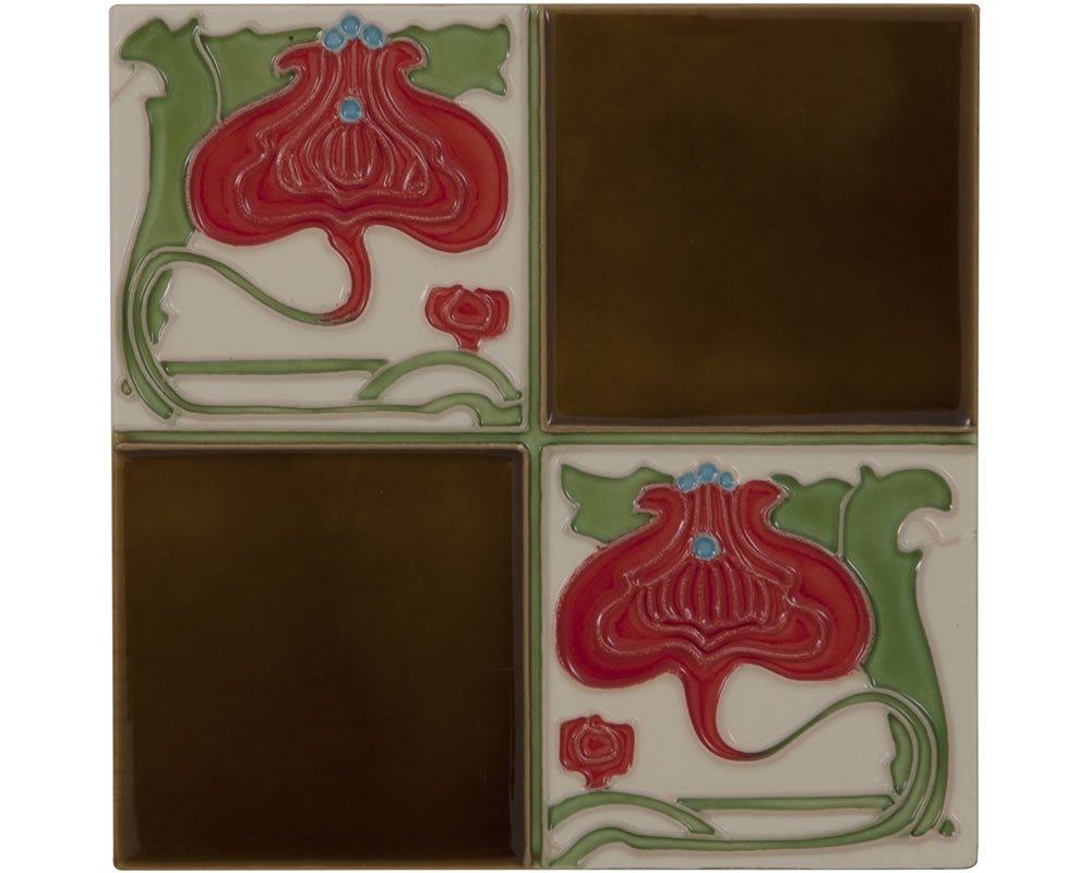 Carron Set of 10 Quarter Burgundy Flower Brown Quad Fireplace Tiles in