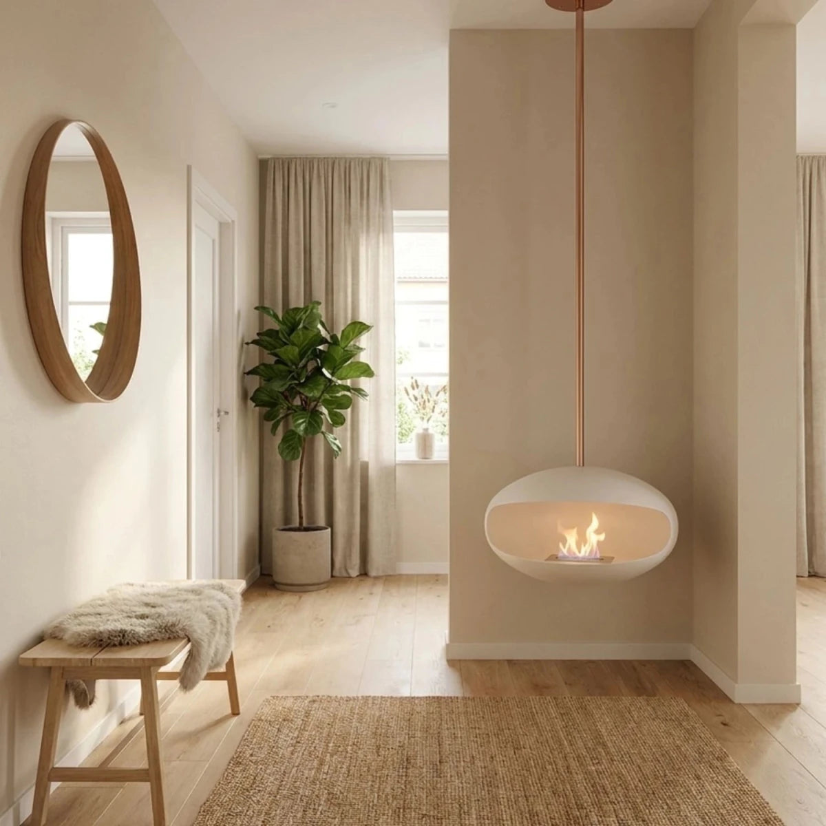 Cocoon Fires Aeris Ceiling-Mounted Bioethanol Fireplace in 238H x 60W x 60D cm