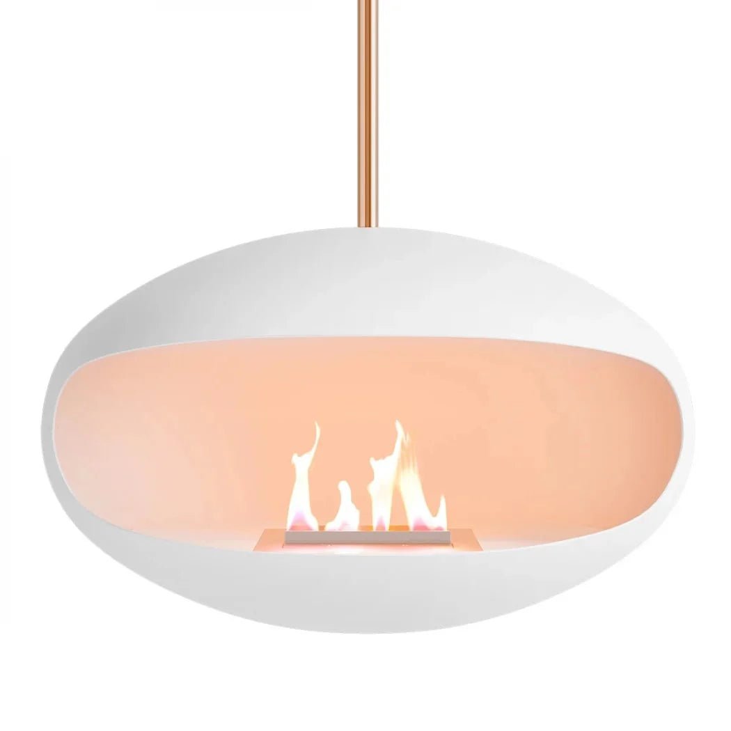 Cocoon Fires Cocoon Aeris Ceiling-Mounted Steel Bioethanol Fireplace in White Cocoon and Copper Rod in 238H x 60W x 60D cm
