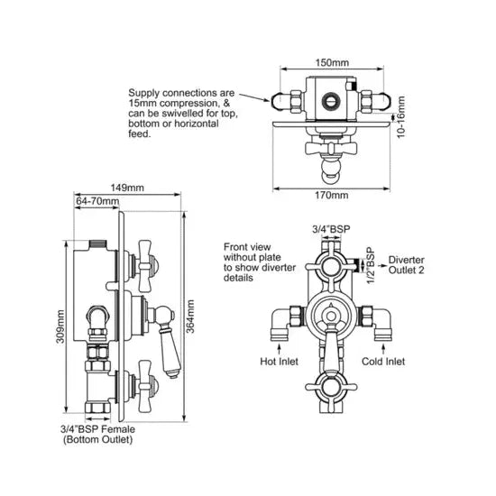 Hurlingham Concealed Thermostatic Valve With Integral Flow Valves 3 Outlets - Ice Cold Spice | Chrome