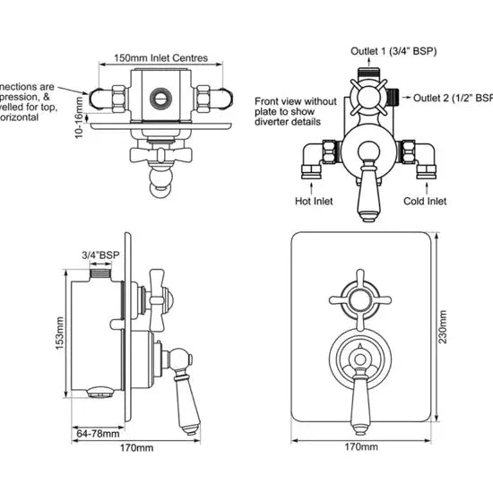 Hurlingham Concealed Dual Control Thermostatic Valve 2 Outlets - Ice Cold Spice | Nickel H230 x W170