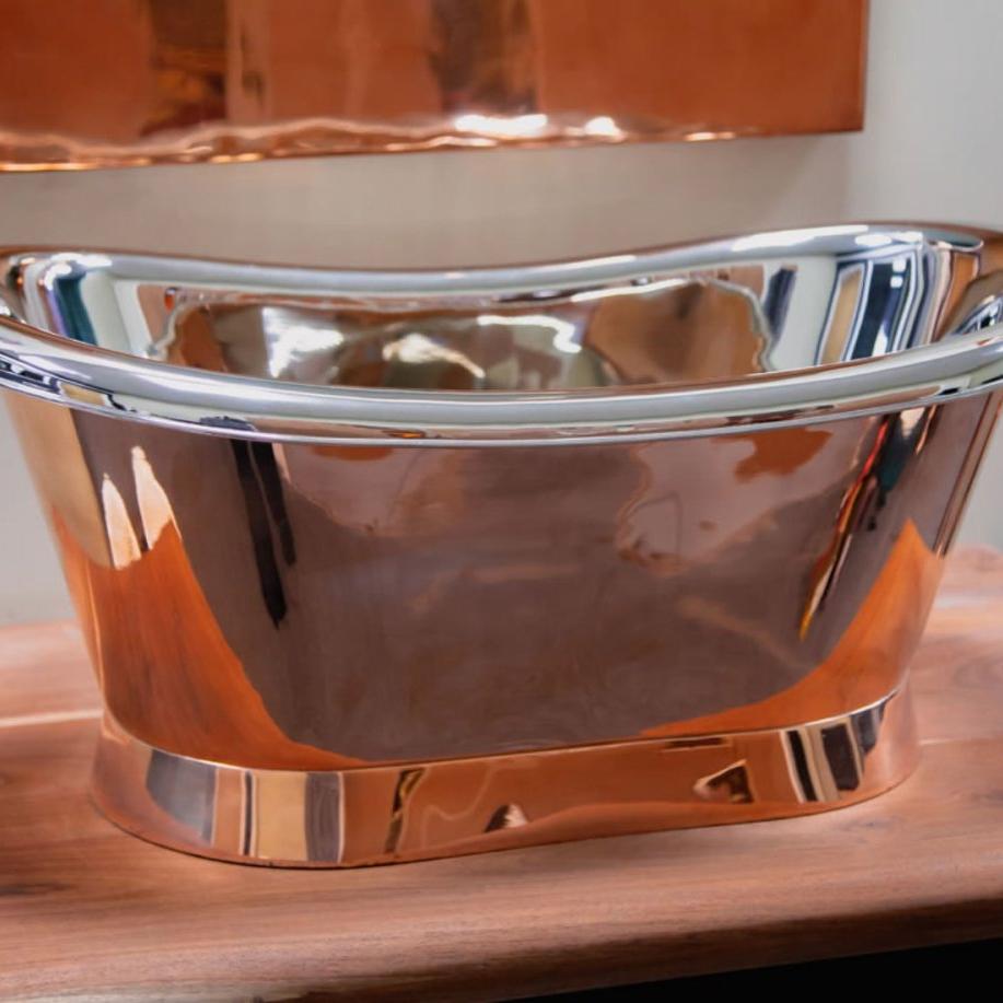 Hurlingham Copper Bateau Basin With Roll Top and Plinth Nickel Interior - Ice Cold Spice | Nickel Interior Copper H275 x W650 x D350