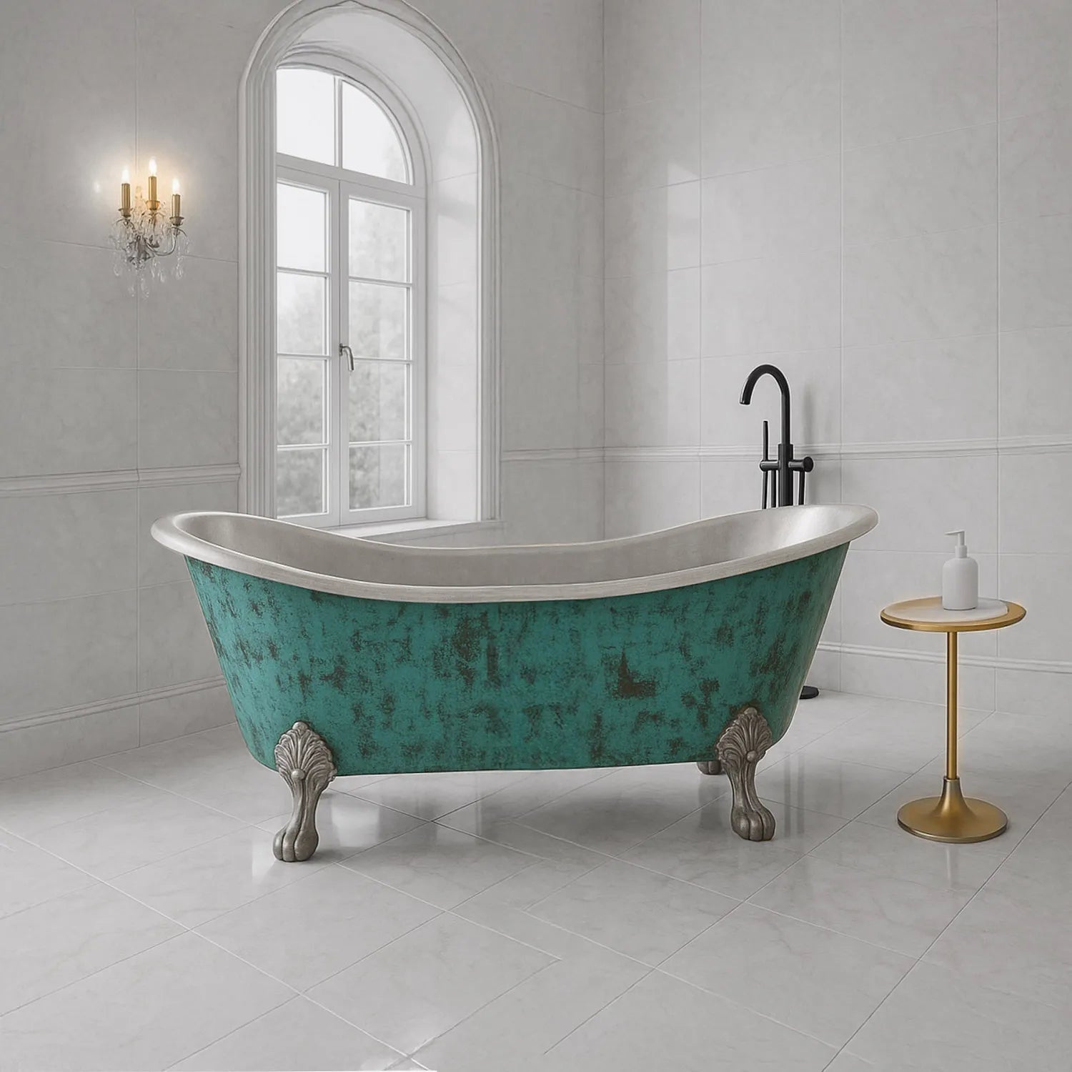 Coppersmith Clawfoot Copper Bathtub Verdigris Patina Exterior & Tin Interior Double Slipper in L1828.80 x W812.80 x H787.40