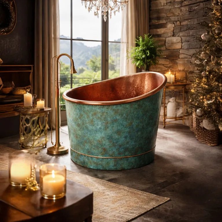 Coppersmith Creations 39-Inch Japanese Soaking Copper Bathtub Hammered Antique Copper Interior Turquoise Verdigris Patina Exterior in D990.60 x H952.50-762