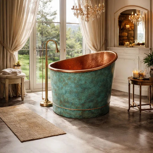 Coppersmith Creations 39-Inch Japanese Soaking Copper Bathtub Hammered Antique Copper Interior Turquoise Verdigris Patina Exterior in D990.60 x H952.50-762