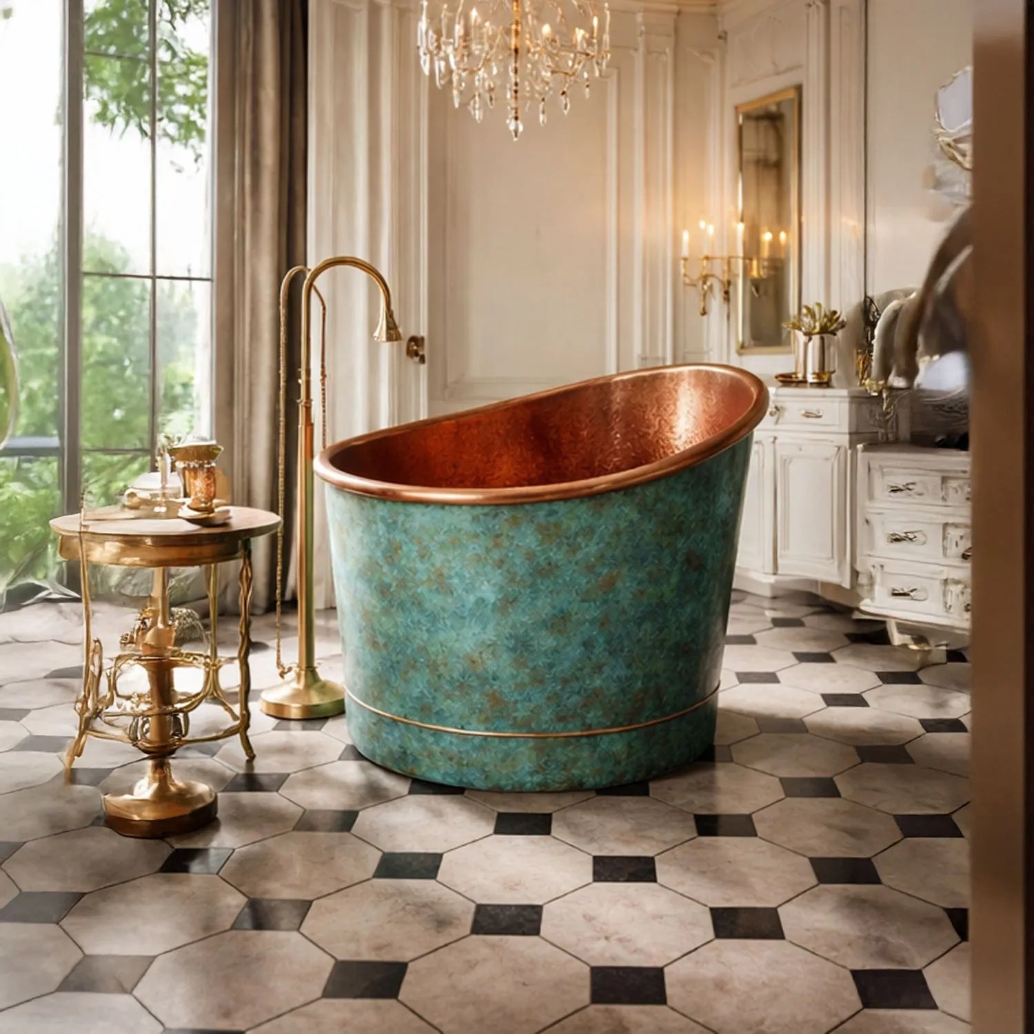 Coppersmith Creations 39-Inch Japanese Soaking Copper Bathtub Hammered Antique Copper Interior Turquoise Verdigris Patina Exterior in D990.60 x H952.50-762