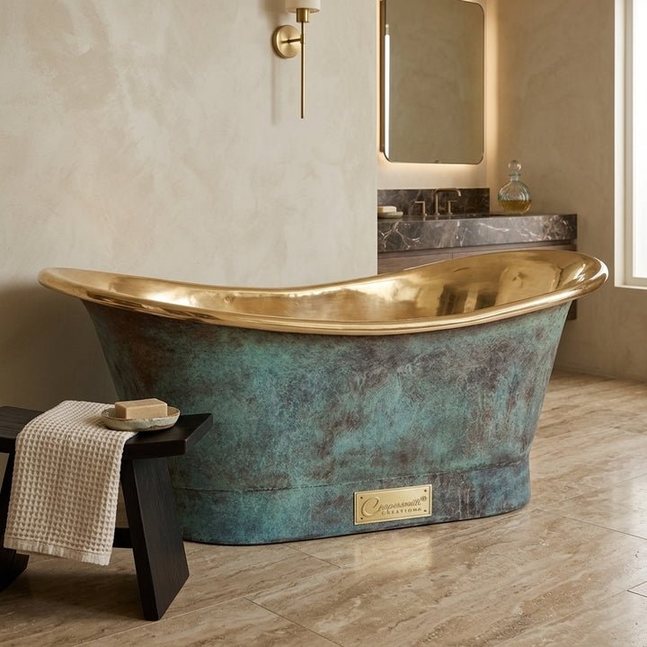 Coppersmith Creations Brass Freestanding Bathtub Aged Turquoise Patina Finish Straight Base in Turquoise Patina
