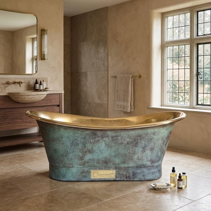 Coppersmith Creations Brass Freestanding Bathtub Aged Turquoise Patina Finish Straight Base in Turquoise Patina