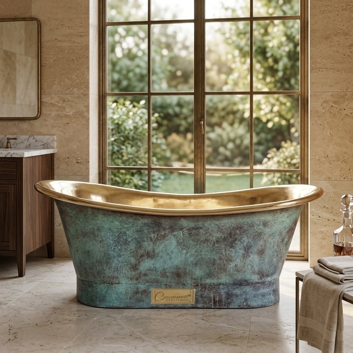 Coppersmith Creations Brass Freestanding Bathtub Aged Turquoise Patina Finish Straight Base in Turquoise Patina