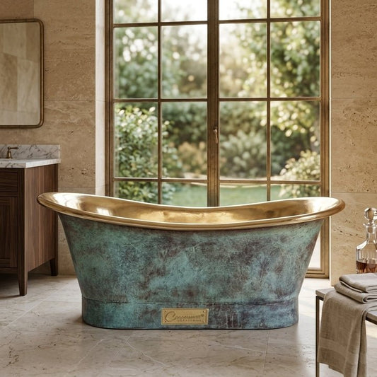 Coppersmith Creations Brass Freestanding Bathtub Aged Turquoise Patina Finish Straight Base in Turquoise Patina