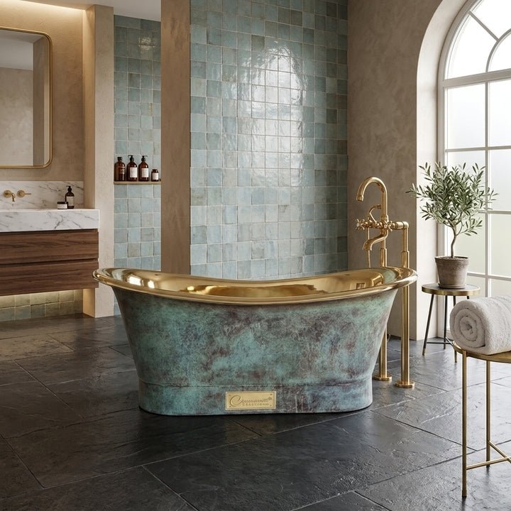 Coppersmith Creations Brass Freestanding Bathtub Aged Turquoise Patina Finish Straight Base in Turquoise Patina