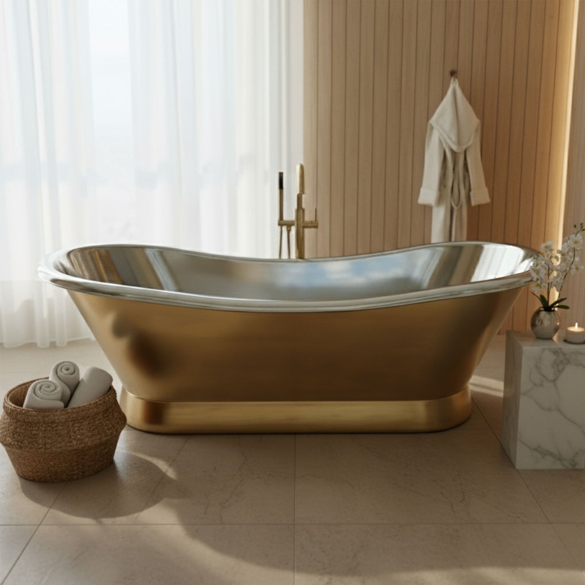 Coppersmith Creations Brass Freestanding Bathtub Nickel Interior Slanting Base in Warm Brass