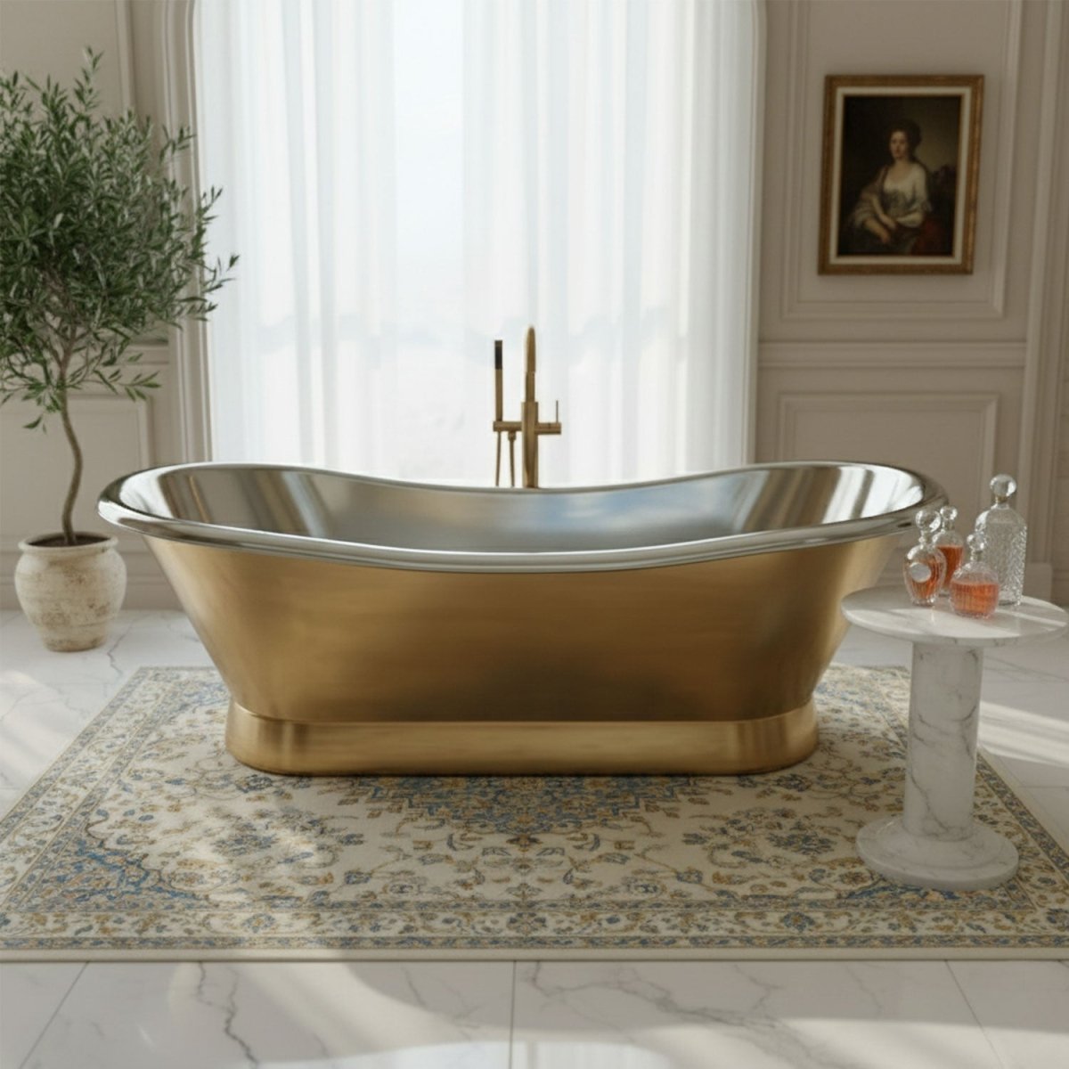 Coppersmith Creations Brass Freestanding Bathtub Nickel Interior Slanting Base in Warm Brass