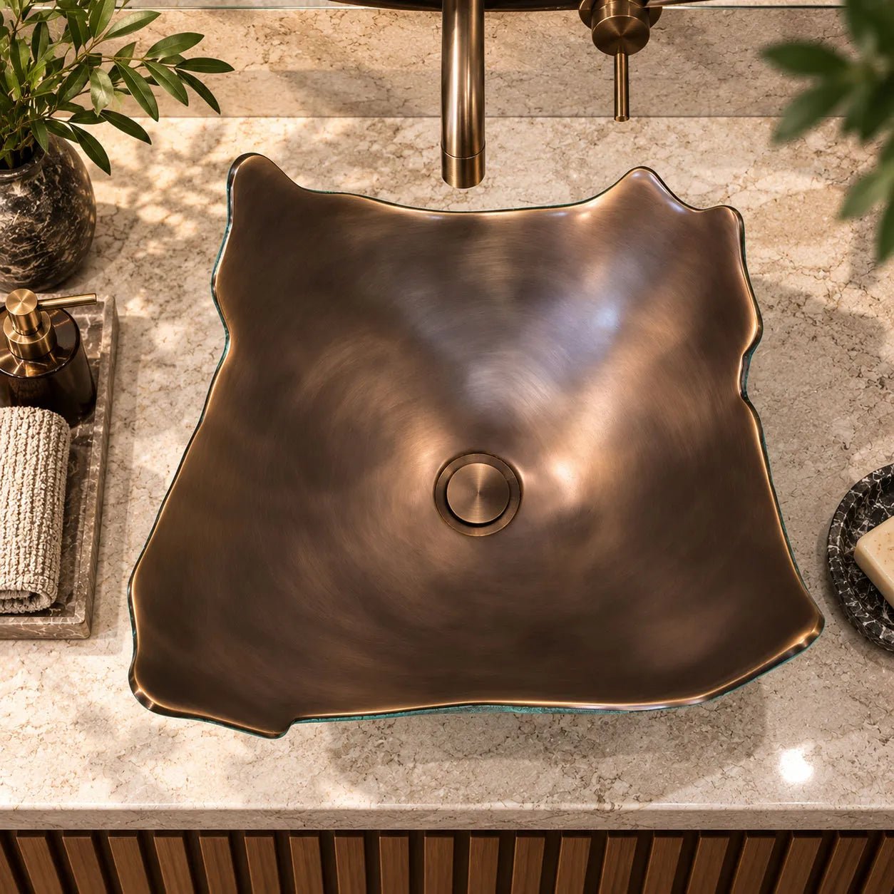 Coppersmith Creations Broken Earthen Vessel Style Cast Bronze Sink Antique Finish Inside & Patina Outside in