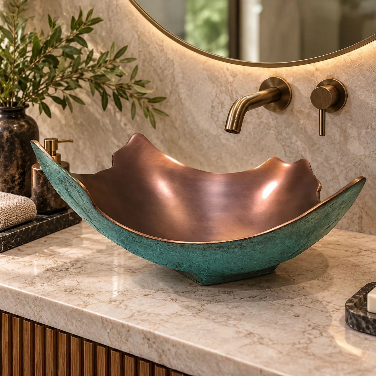 Coppersmith Creations Broken Earthen Vessel Style Cast Bronze Sink Antique Finish Inside & Patina Outside in