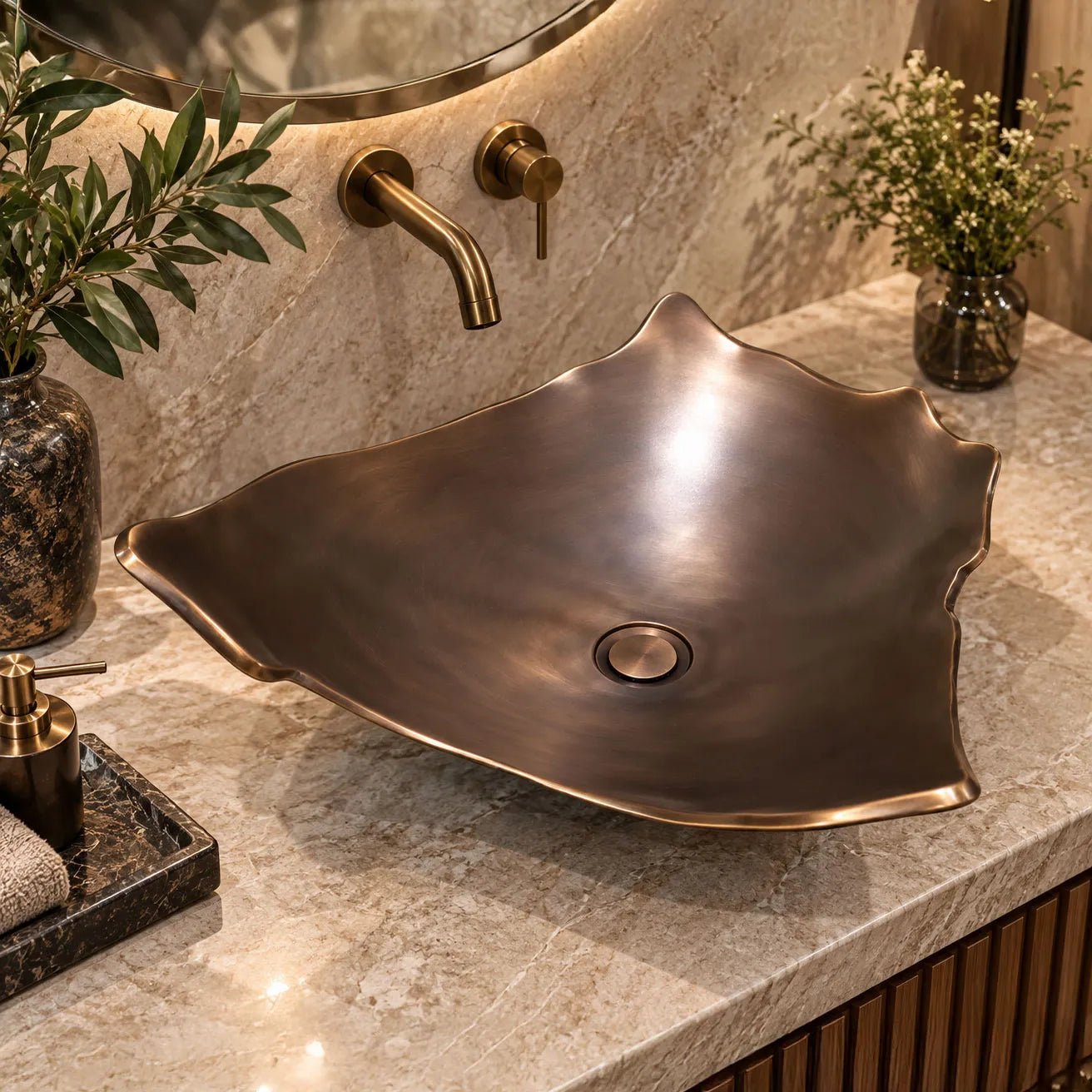 Coppersmith Creations Broken Earthen Vessel Style Cast Bronze Sink Antique Finish Inside & Patina Outside in